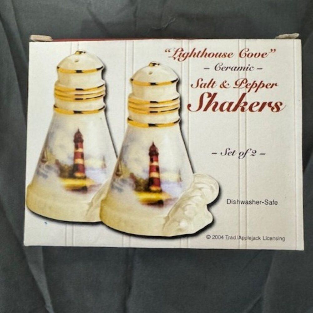 Set of 2 Lighthouse Cove Ceramic Lighthouse Salt & Pepper Shakers w Gold Trim